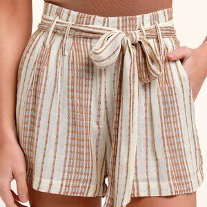 Lulus Laguna Camel Striped High Waist Shorts Beige - Size S